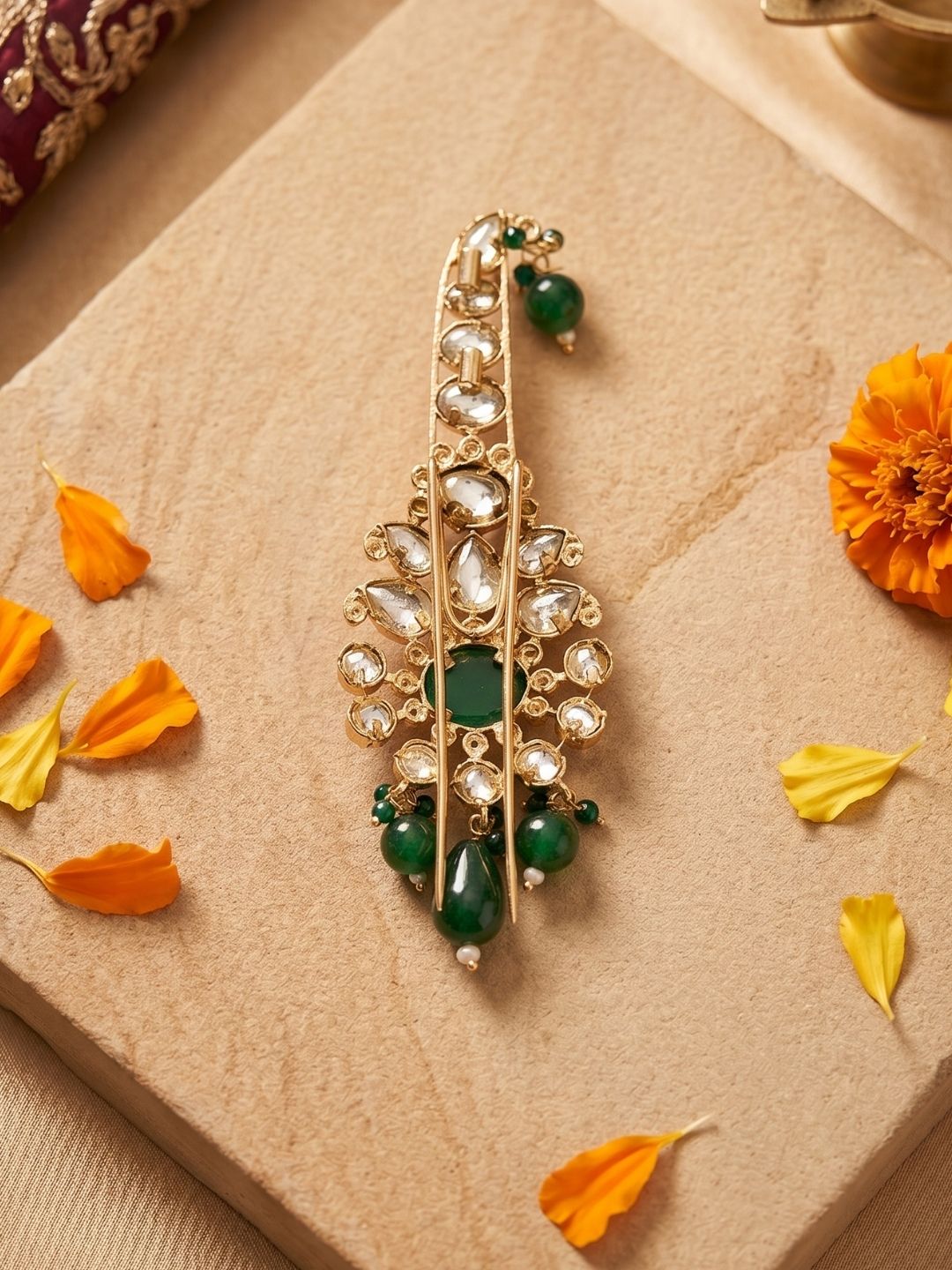 Gold Plated Floral Design Kundan Polki Safa Kalangi For Grooms | Turban Brooch for dulha 