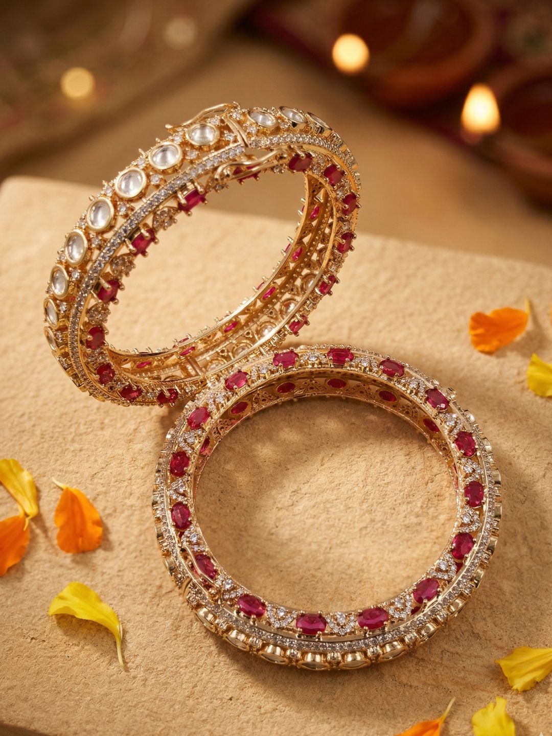 Gold Plated Luxury ruby pink Polki Kundan Kada Bangles Set For Women | Wedding And Bridal Bangles