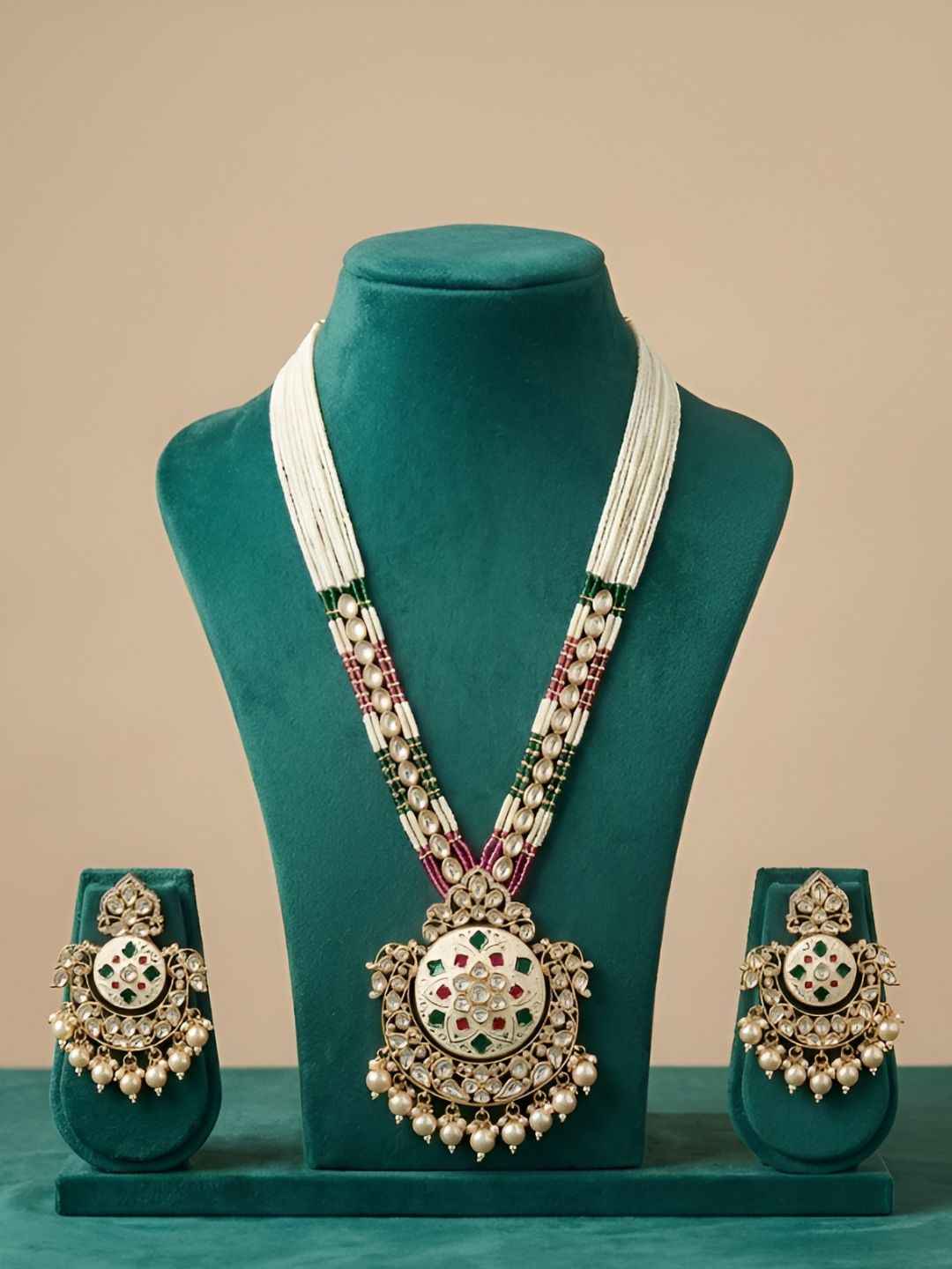 Traditional Long Beaded Kundan Pendant Necklace Set With Enamel | Wedding Jewellery Set