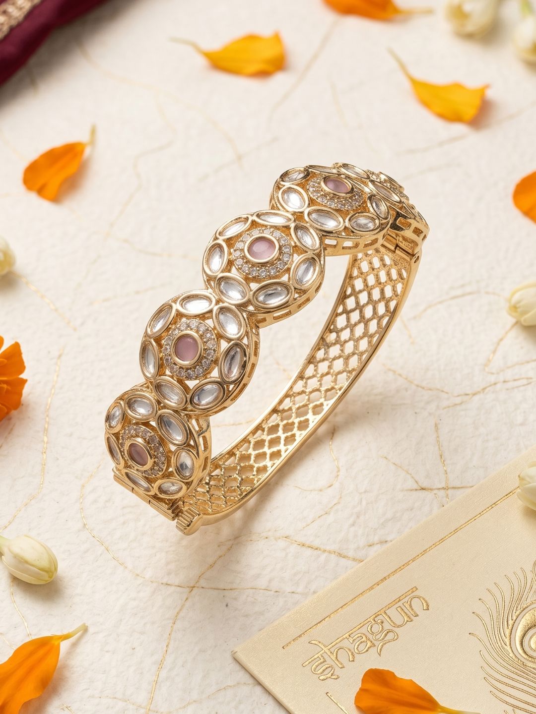 Elegant Next To Real Party & Wedding Wear Openable Kundan Polki Bracelet For Women