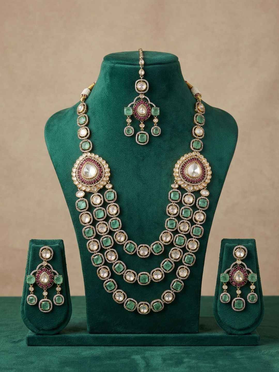 Luxury Gold Plated Emerald And Polki Kundan Layered Necklace Set With Tikka - Wedding & Bridal Jewellery Set