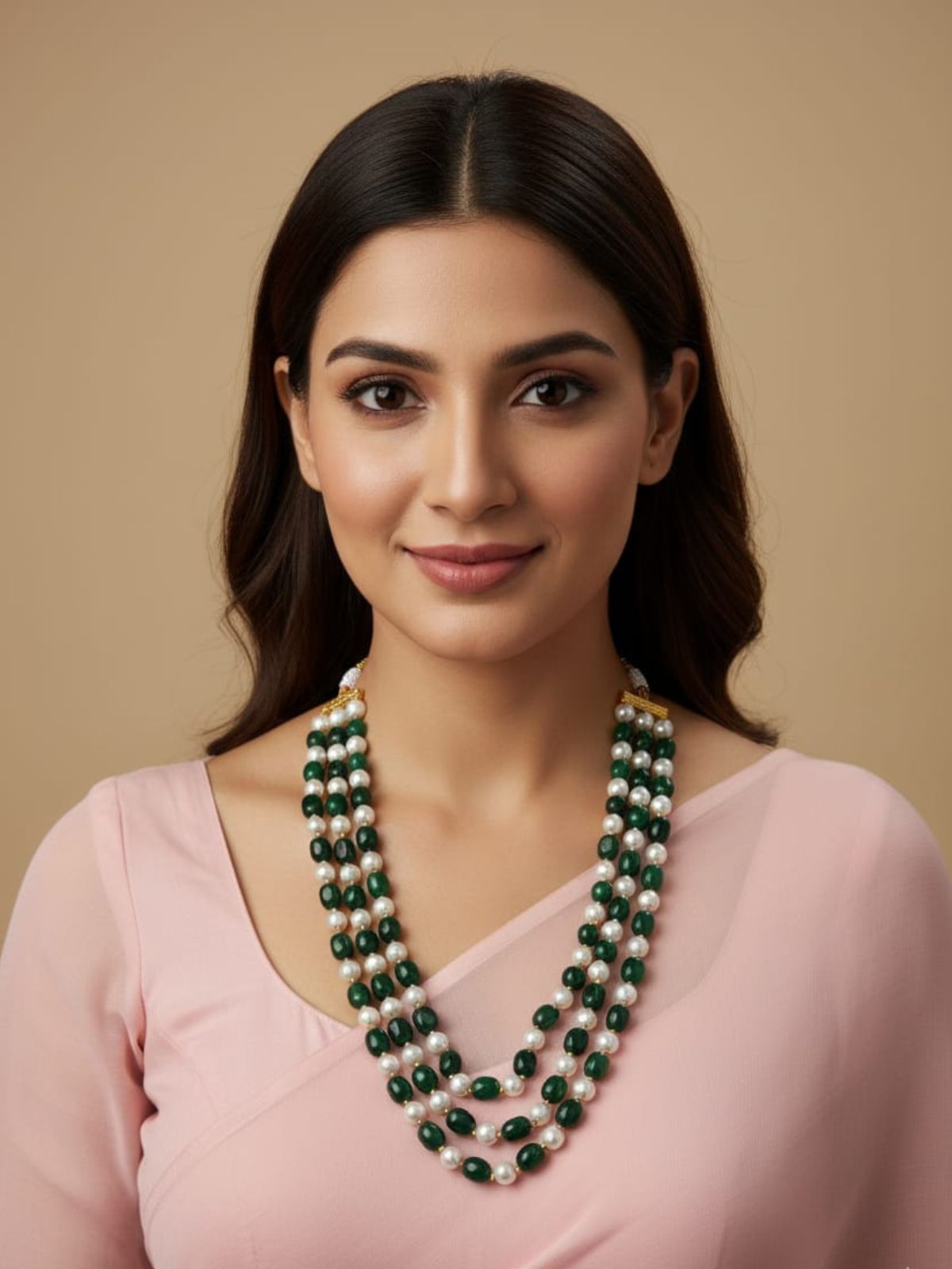Elegant Three-Layered Gereen Jade And Pearl Beaded Necklace – Handcrafted Gemstone Jewelry