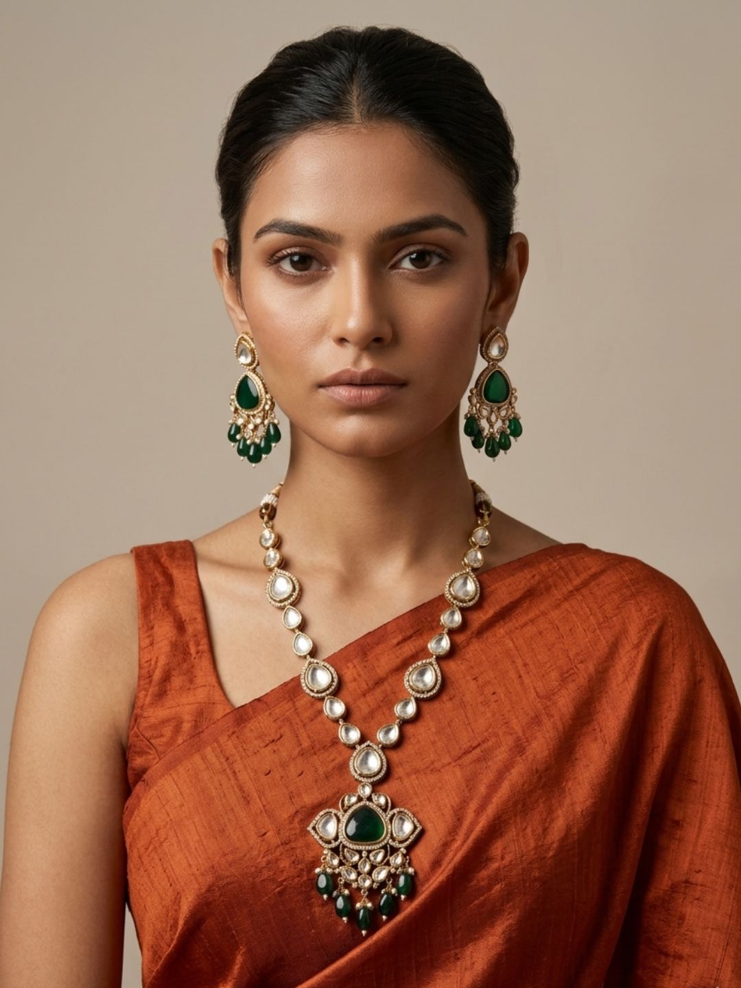 Exquisite Gold Plated green Polki Kundan Pendant Necklace Set | Wedding And Party Wear Statement Jewellery