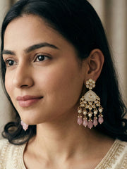 Elegant Gold Plated Mother Of Pearl And Kundan pink beaded Earrings For Weddings - Statement pink Earrings