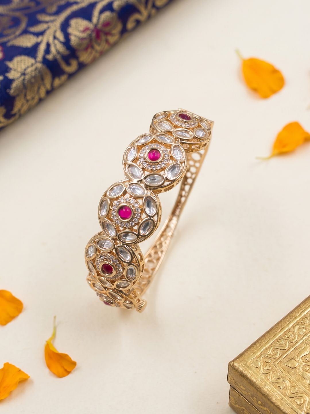 Elegant Next To Real Party & Wedding Wear Openable Red Kundan Polki Bracelet For Women