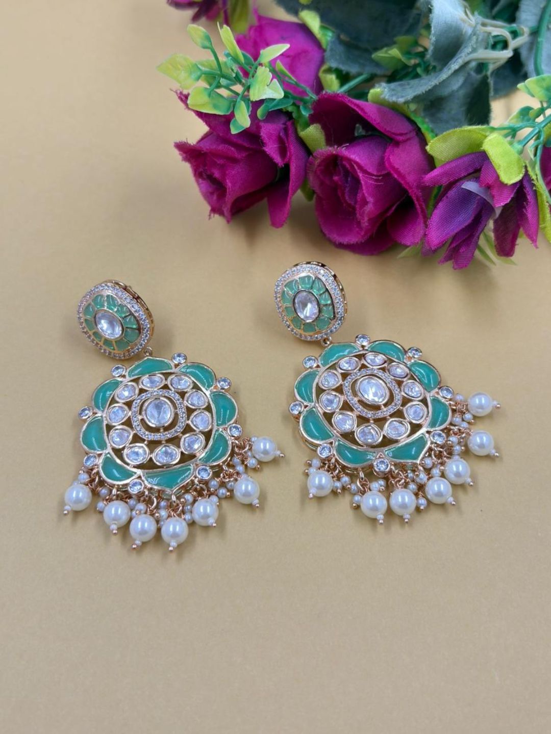 Traditional mint green Kundan Stone Earrings for Women | Statement Earrings For Ethnic & Festive Wear