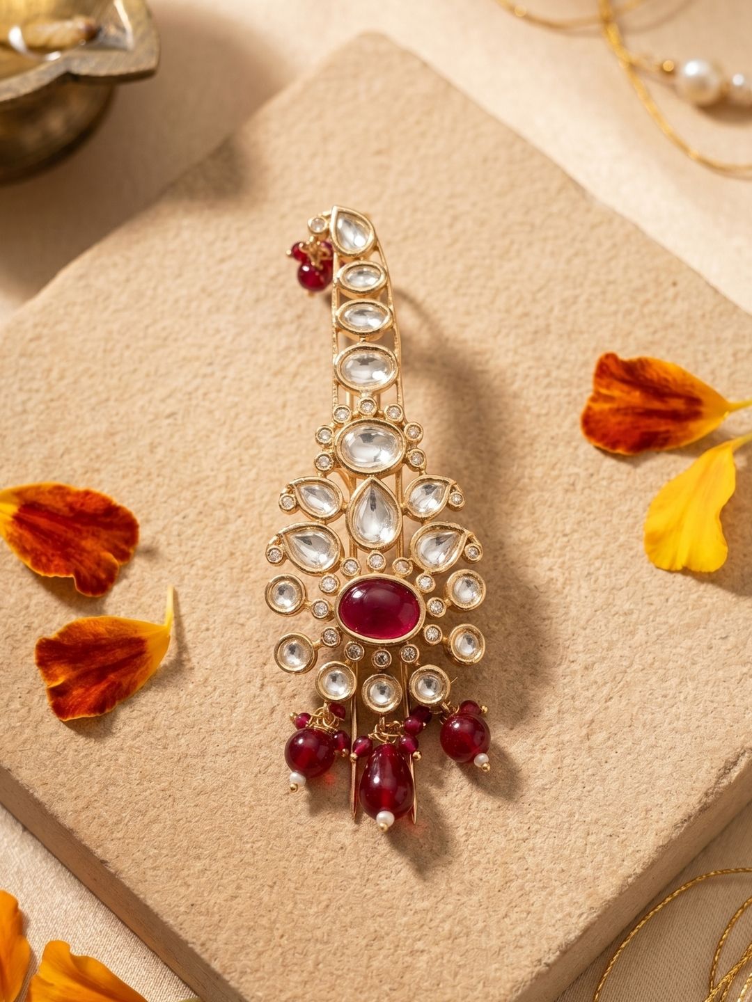 Gold Plated Floral Design Kundan Polki Safa Kalangi For Grooms | Turban red Brooch for dulha online 