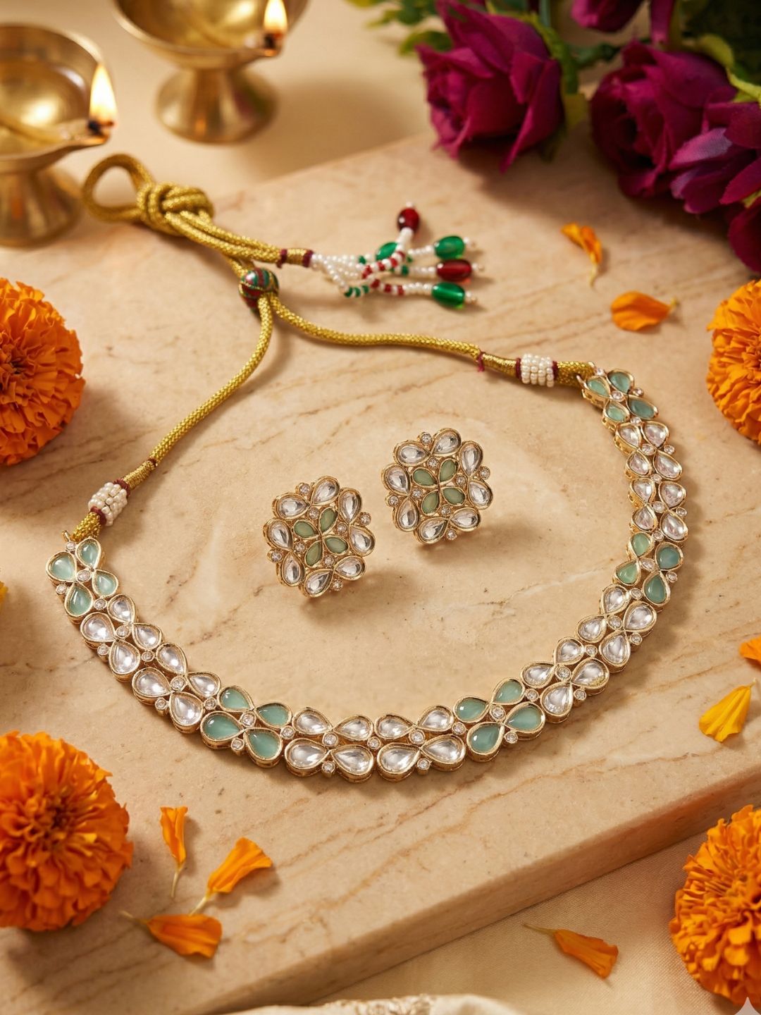 Gold Plated Elegant Polki Kundan Necklace Set with mint stones | Festive And Wedding Wear Jewellery Set