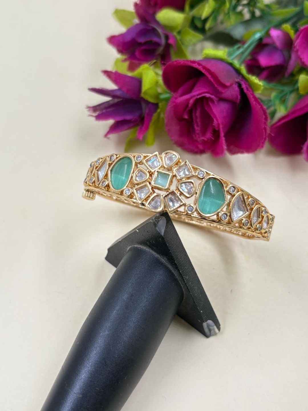 Elegant mint green Kundan Polki Bracelet For Women - Festive & Wedding Wear Bracelet