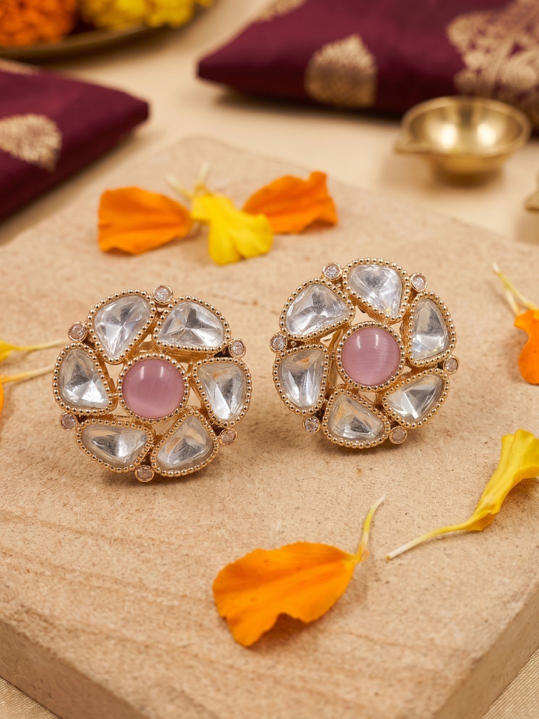 Elegant Gold Plated Polki Kundan Stud Earrings For Women | Ethnic And Traditional Indian pink stone an dkundan stud Earrings