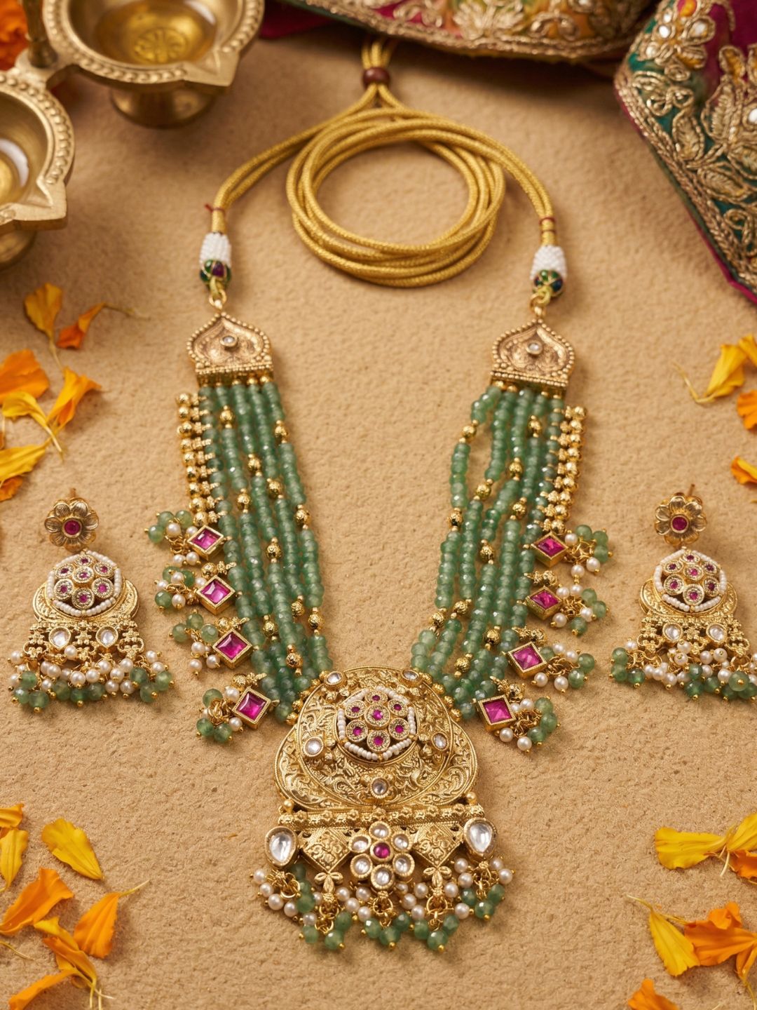 Gold Plated Antique Beaded Necklace Set | Traditional Jewelry For Women