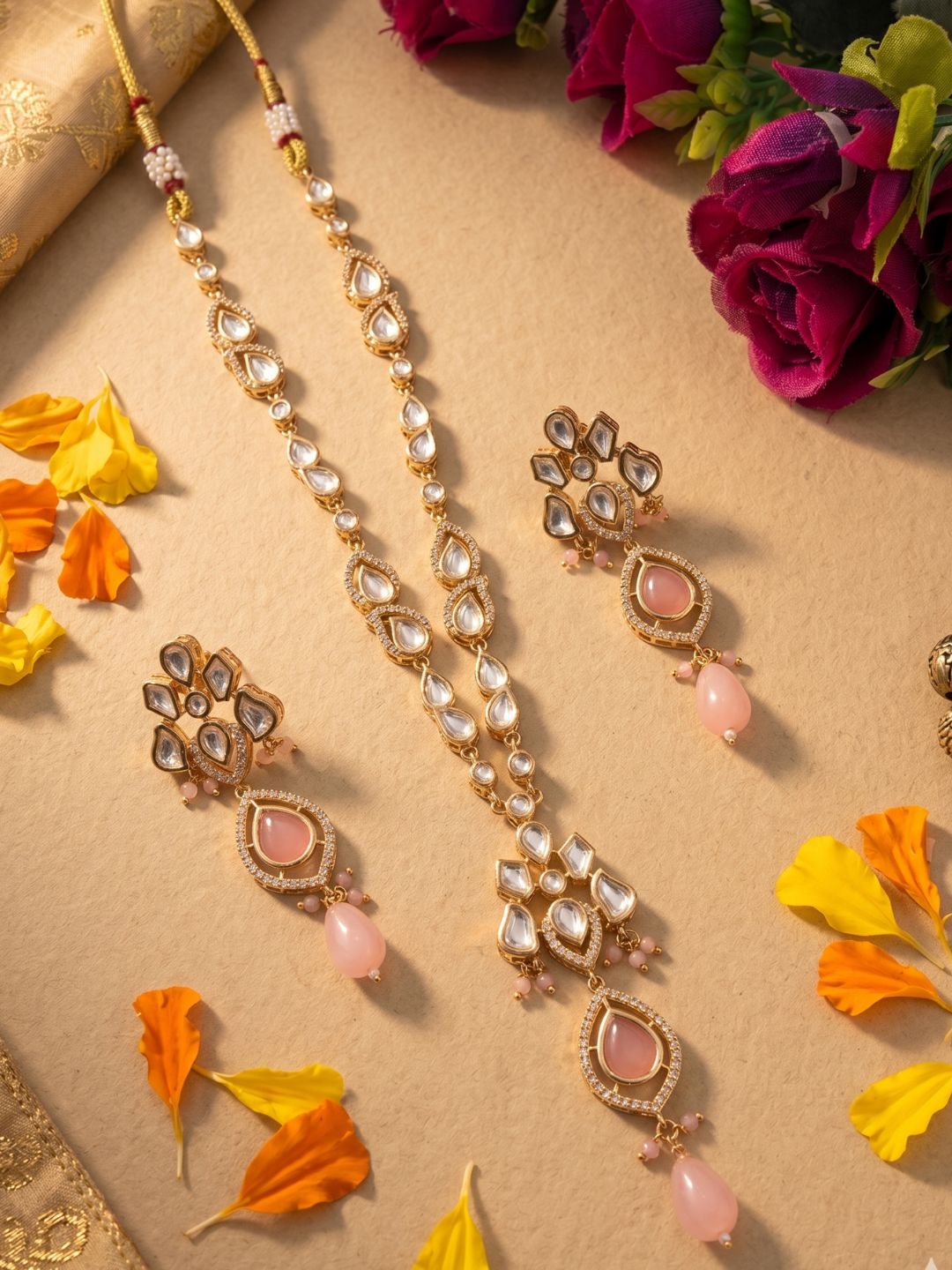 Elegant Rose Gold Finish Polki Necklace Set For Women - Indo Western Modern Jewellery Set