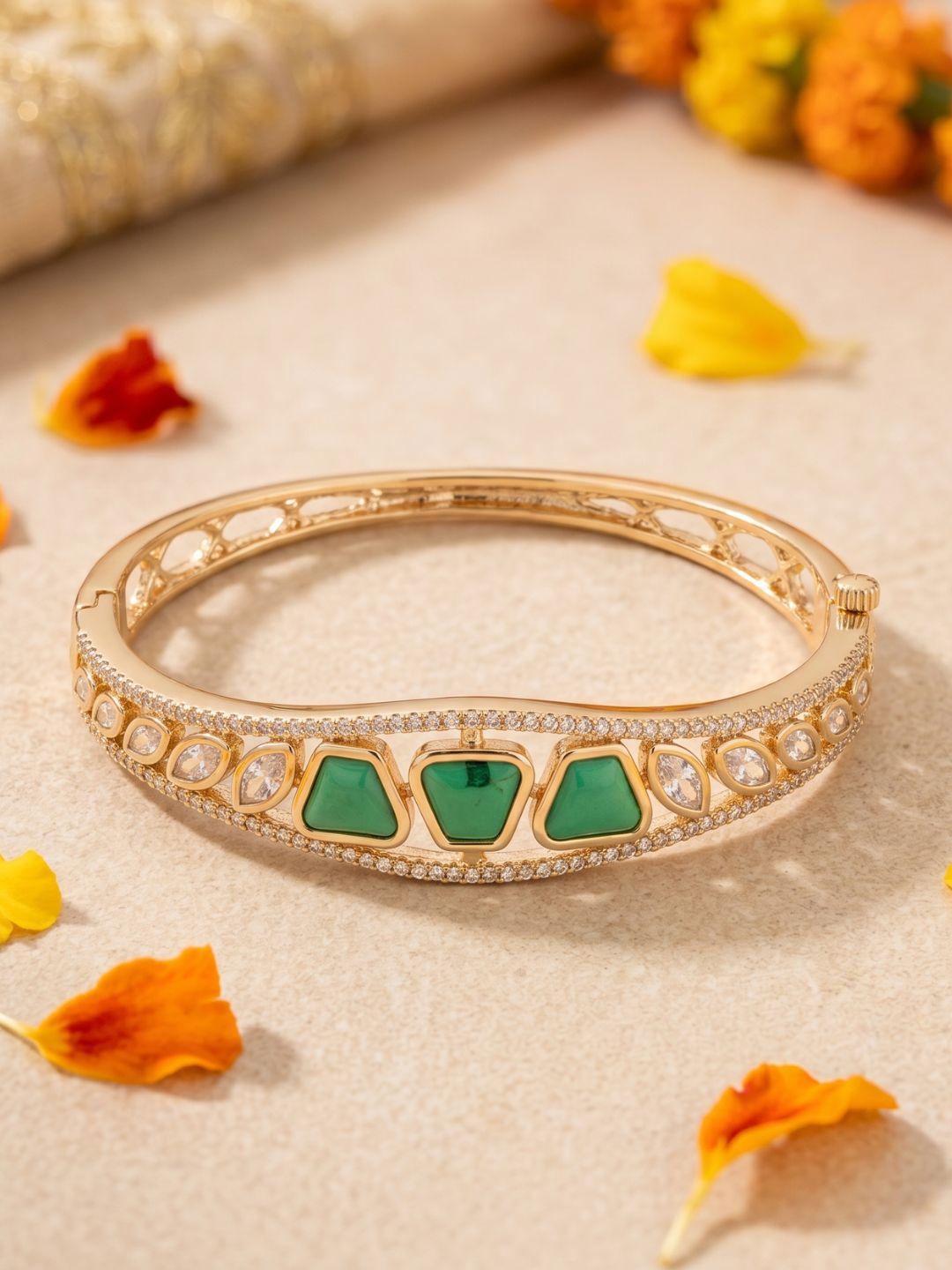 Gold Plated Elegant Sleek studded Kundan and emerald stone Bracelet For Women | Ethnic & Traditional Wear delicate bracelets 