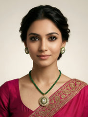 Gold Plated Kundan Pendant And Earring Set With  green Beaded Chain - Festive Wear Necklace