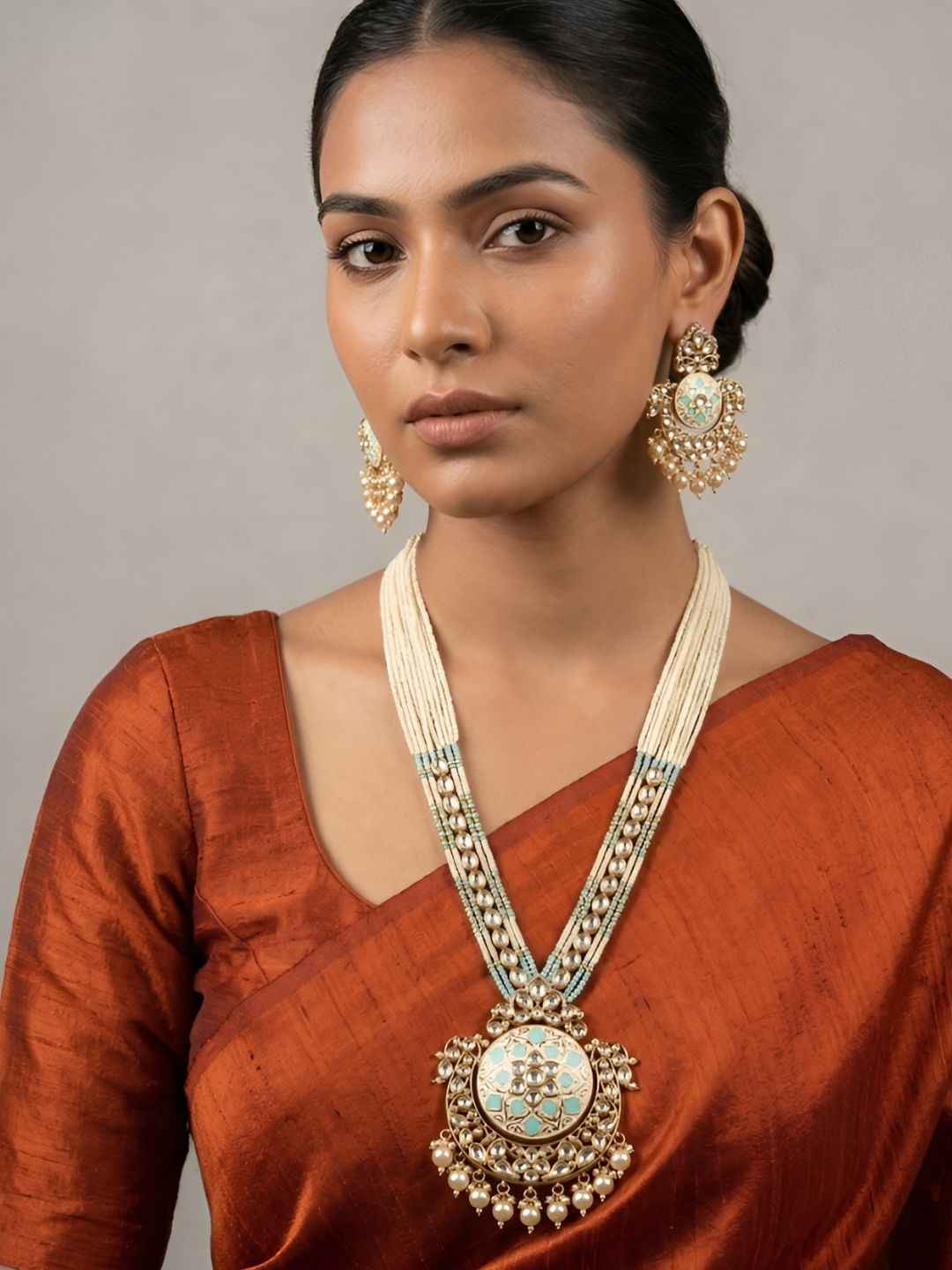 Traditional Long Beaded Kundan Pendant Necklace Set With Enamel | Wedding Jewellery Set