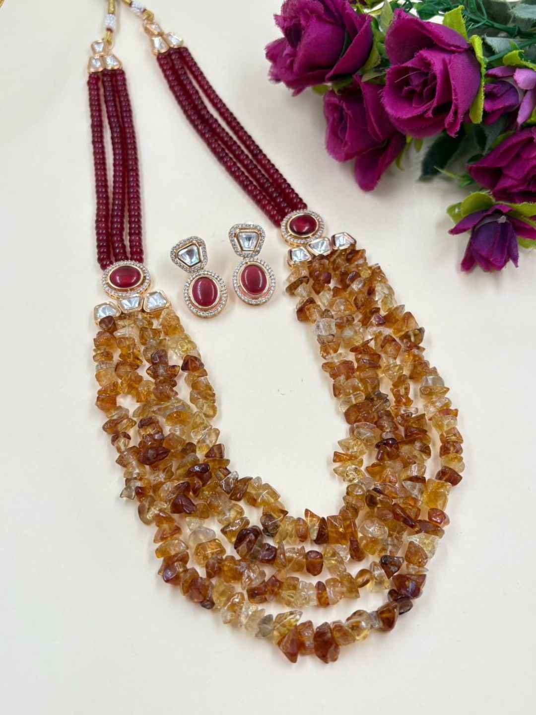 Elegant Layered Red Jade & Uncut Citrine Beaded Necklace Set With Kundan Brooches - Wedding And Party Wear