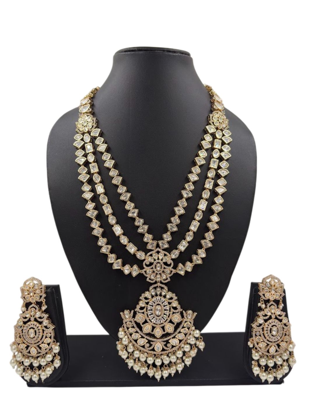 Luxurious Long Layerd Polki Kundan Necklace Set With Pendant | Wedding And Bridal Jewellery Set 