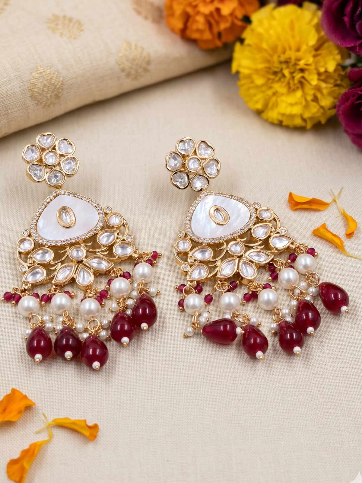 Elegant Gold Plated Mother Of Pearl And Kundan red beaded Earrings For Weddings - Statement Earrings