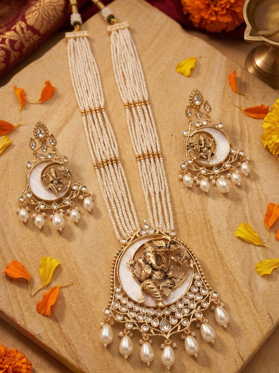 Gold Plated Lord Ganesh Long Temple Jewelry Set | South Indian Temple Jewellery For Weddings