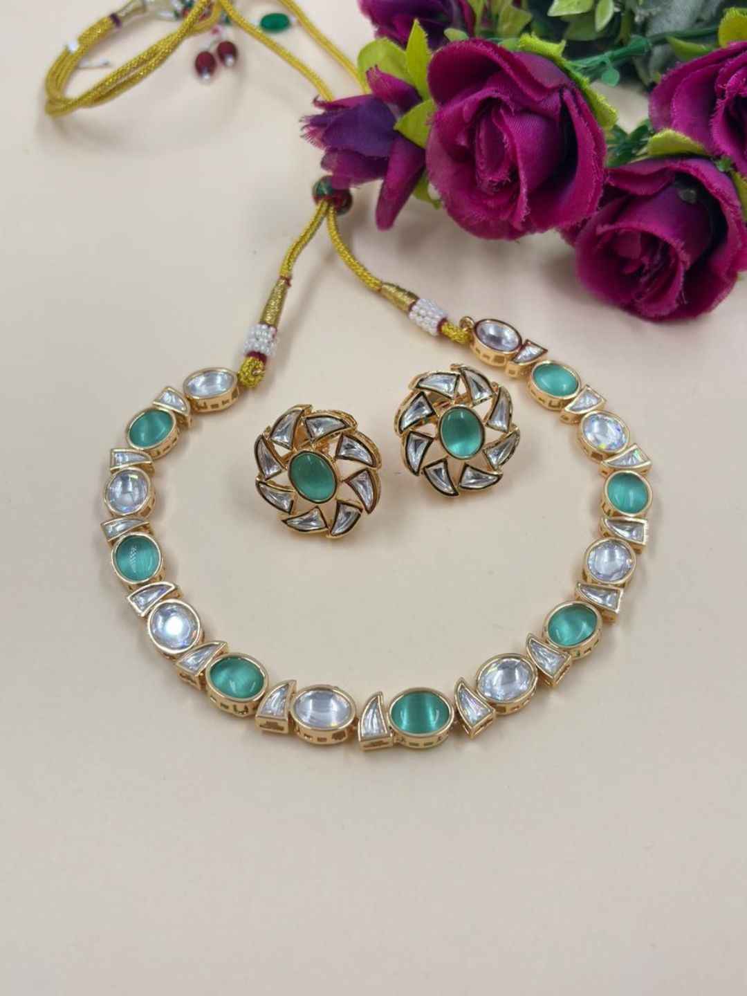 Simple And Elegant Single Line Kundan Necklace Set - Festive Kundan Jewellery