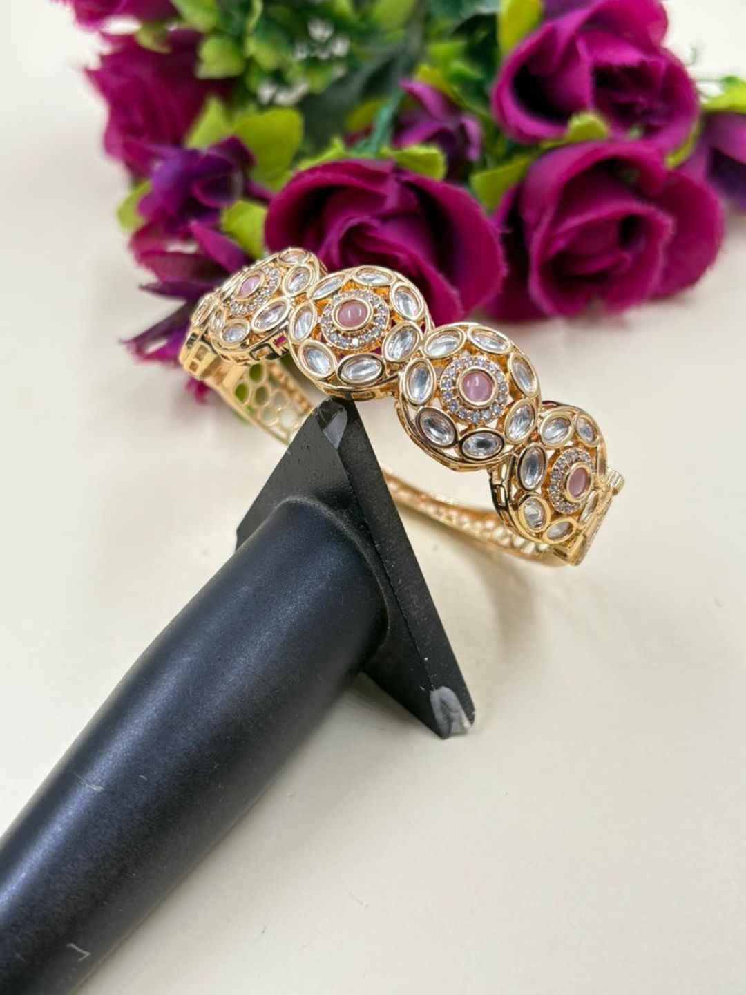 Elegant Next To Real Party & Wedding Wear Openable Kundan Polki Bracelet For Women