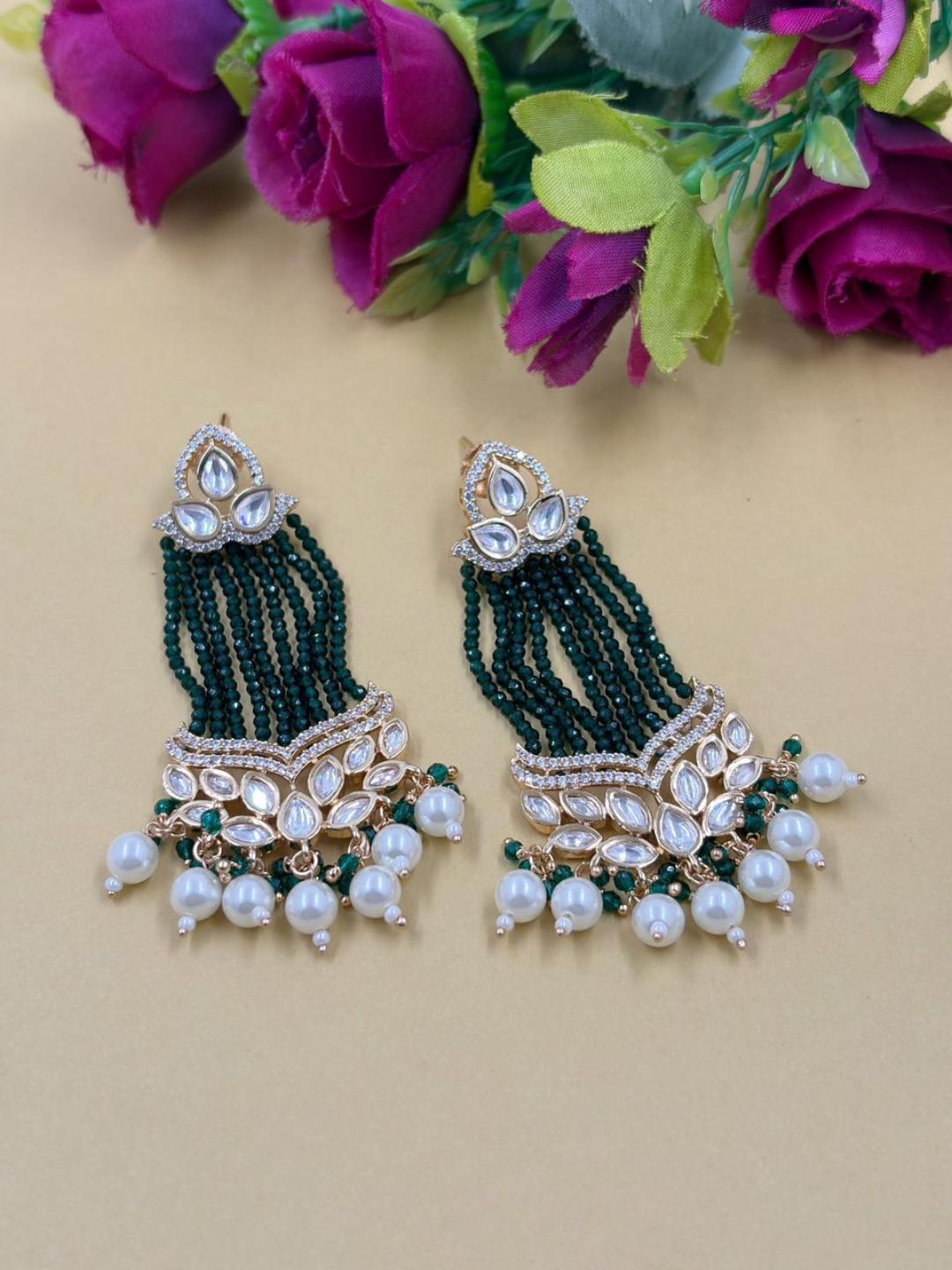 Long Kundan green Beaded Chandelier Earrings With Pearl Drops | Bridal Statement Ethnic Earrings for Women