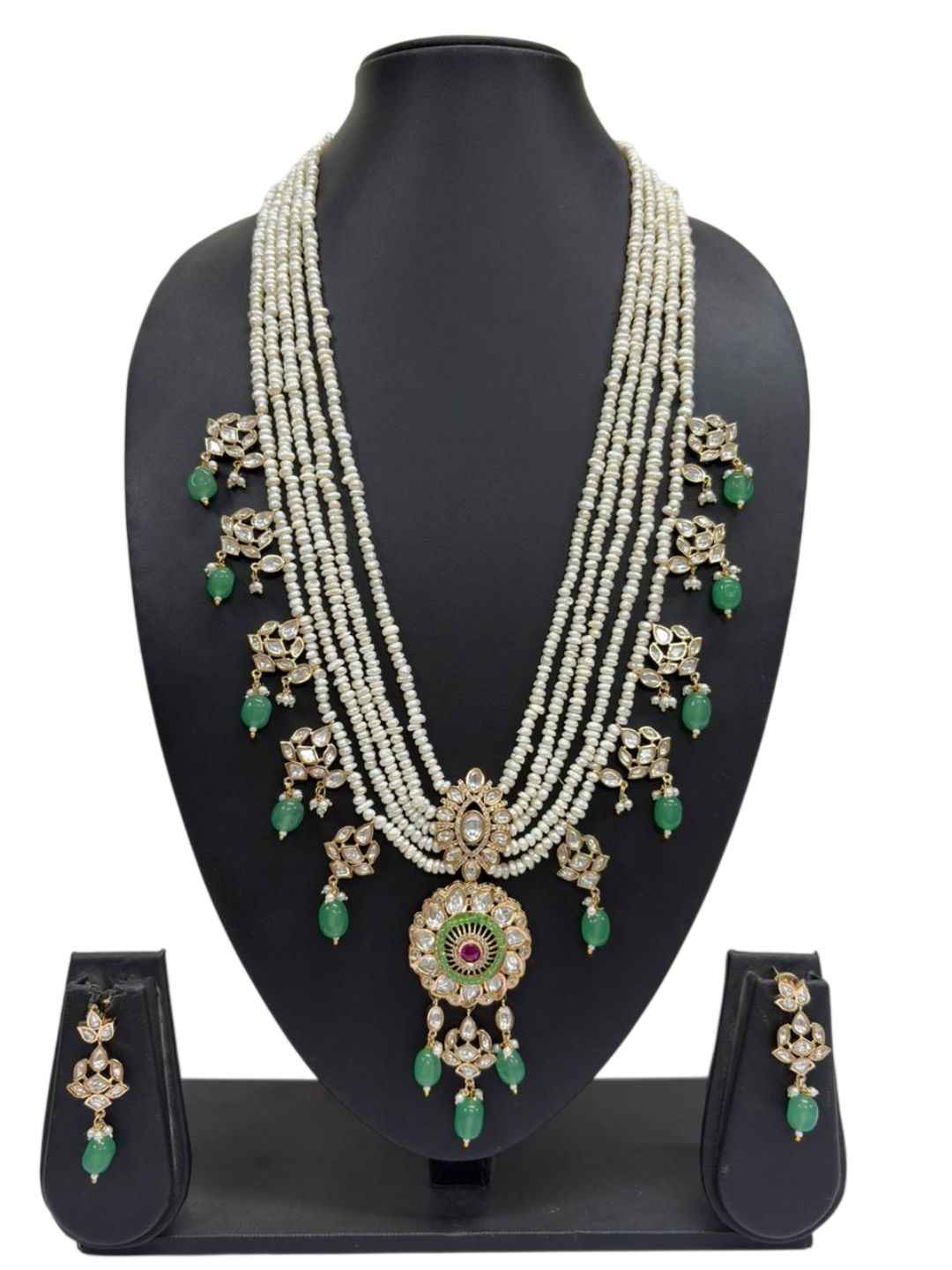 Multi Layer Real Pearl And Kundan Pendant Necklace Set With Green Drops | Bridal & Festive Ethnic Jewellery