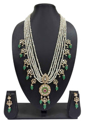 Multi Layer Real Pearl And Kundan Pendant Necklace Set With Green Drops | Bridal & Festive Ethnic Jewellery