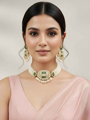 Gold Plated Statement Look green Beaded Kundan Choker Necklace Set - Wedding Jewellery Set