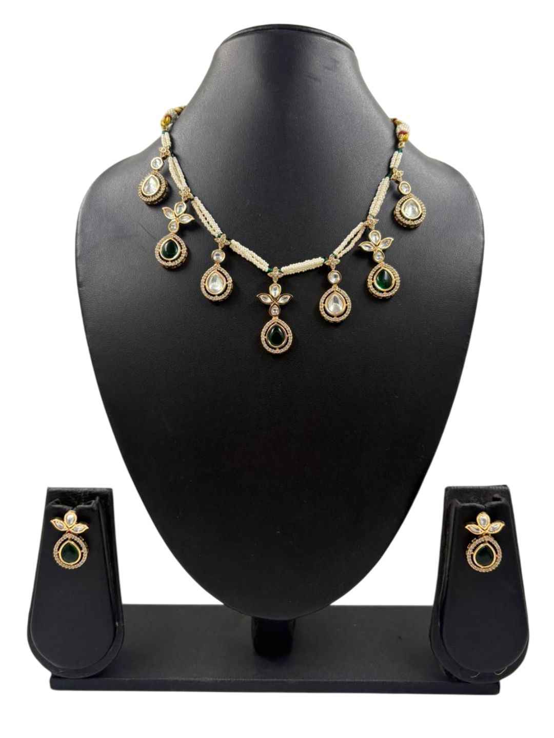 Elegant Gold Plated Beaded Pearls & green Polki Drops Statement Necklace Set For Women