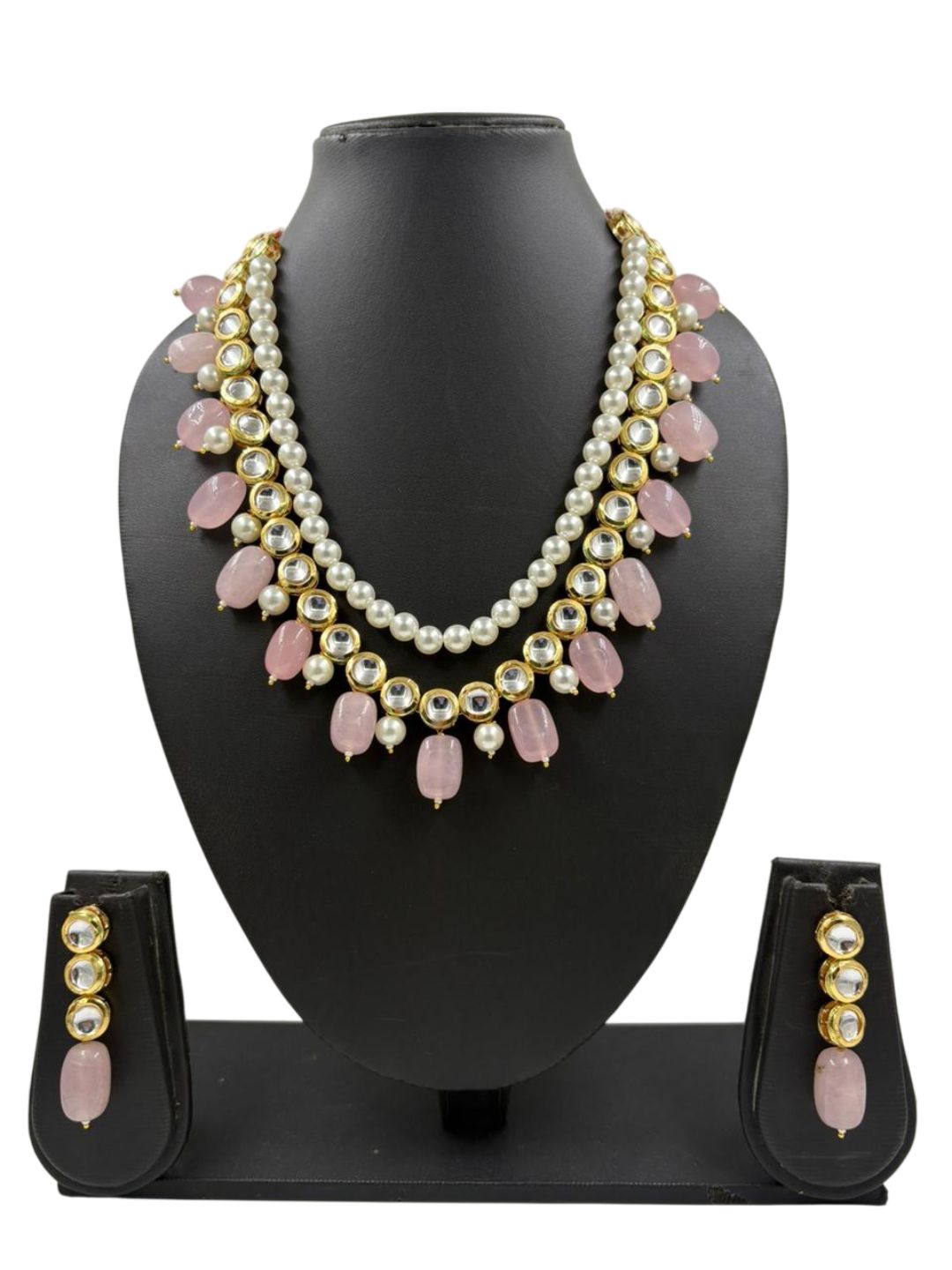 Traditional Gold Plated pink stone Beaded Kundan Necklace Set For Women - Ethnic Indian Jewellery Set