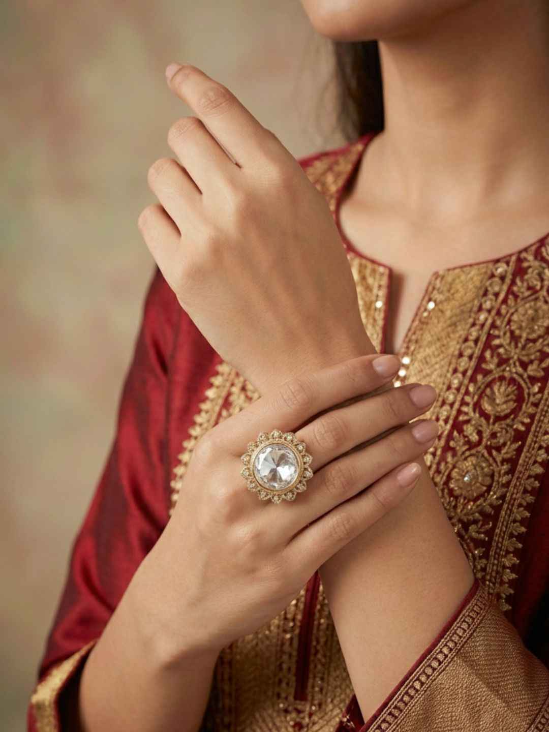 Rose Gold Plated Kundan Finger Ring For Ladies - Festive And Wedding Rings