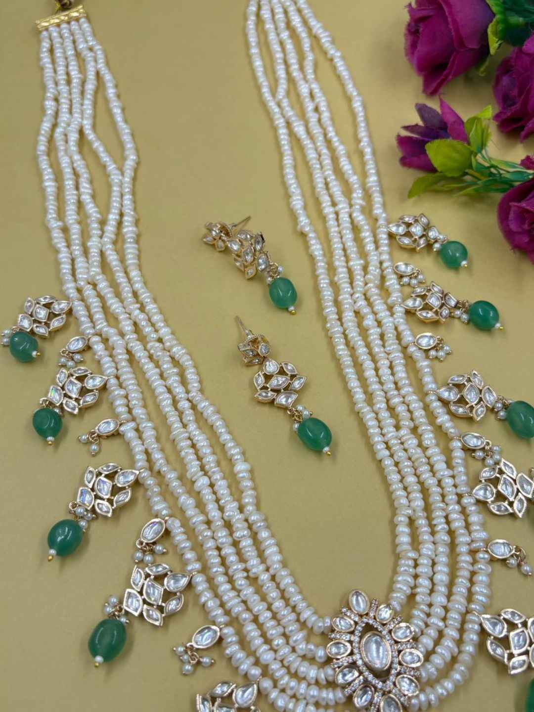 Multi Layer Real Pearl And Kundan Pendant Necklace Set With Green Drops | Bridal & Festive Ethnic Jewellery