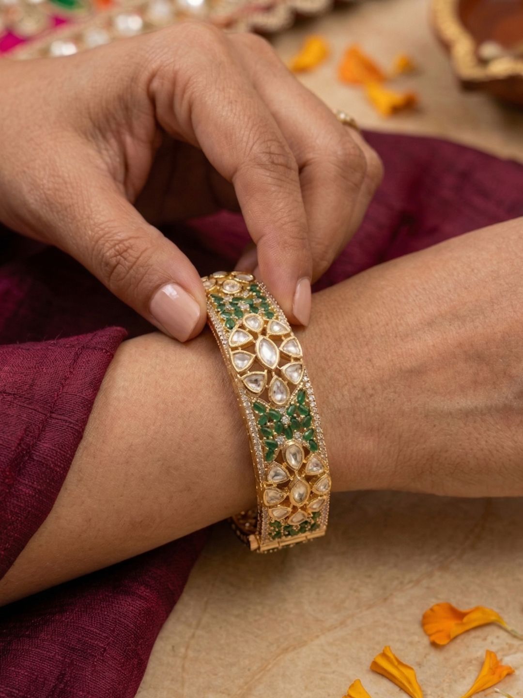 Royal Gold Plated Openable Uncut Polki Kundan and green emerald  Kada Bangles For Women | Ethnic & Traditional Wear