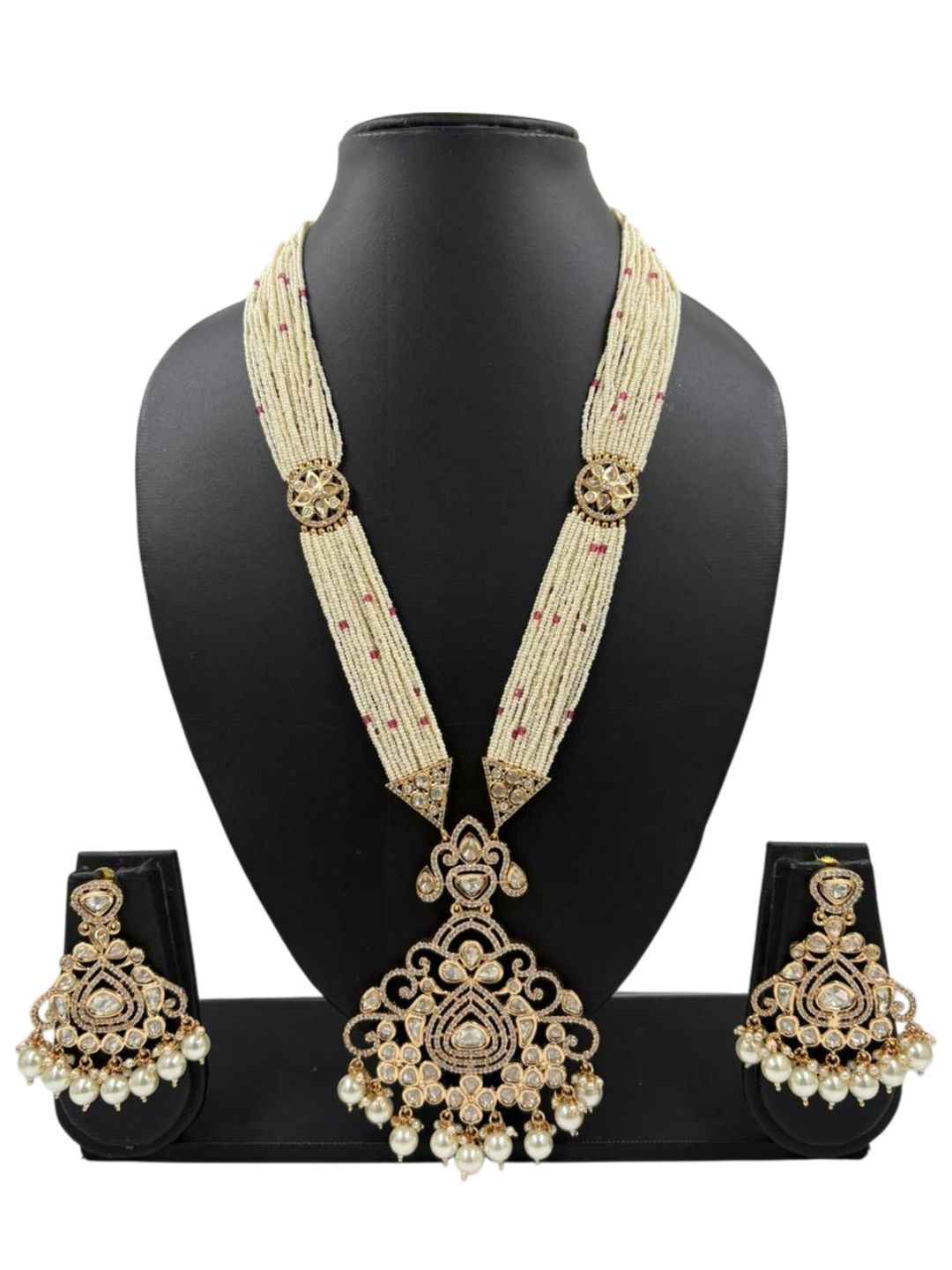 Long Mossanite Polki Pendant Necklace Set With Beaded Pearls - Luxury Wedding Necklace