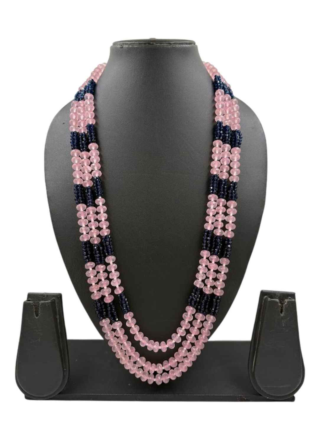 Designer Long Layered Pink Jade And Blue Hydro Beaded Necklace - Saree And Sherwani Necklace