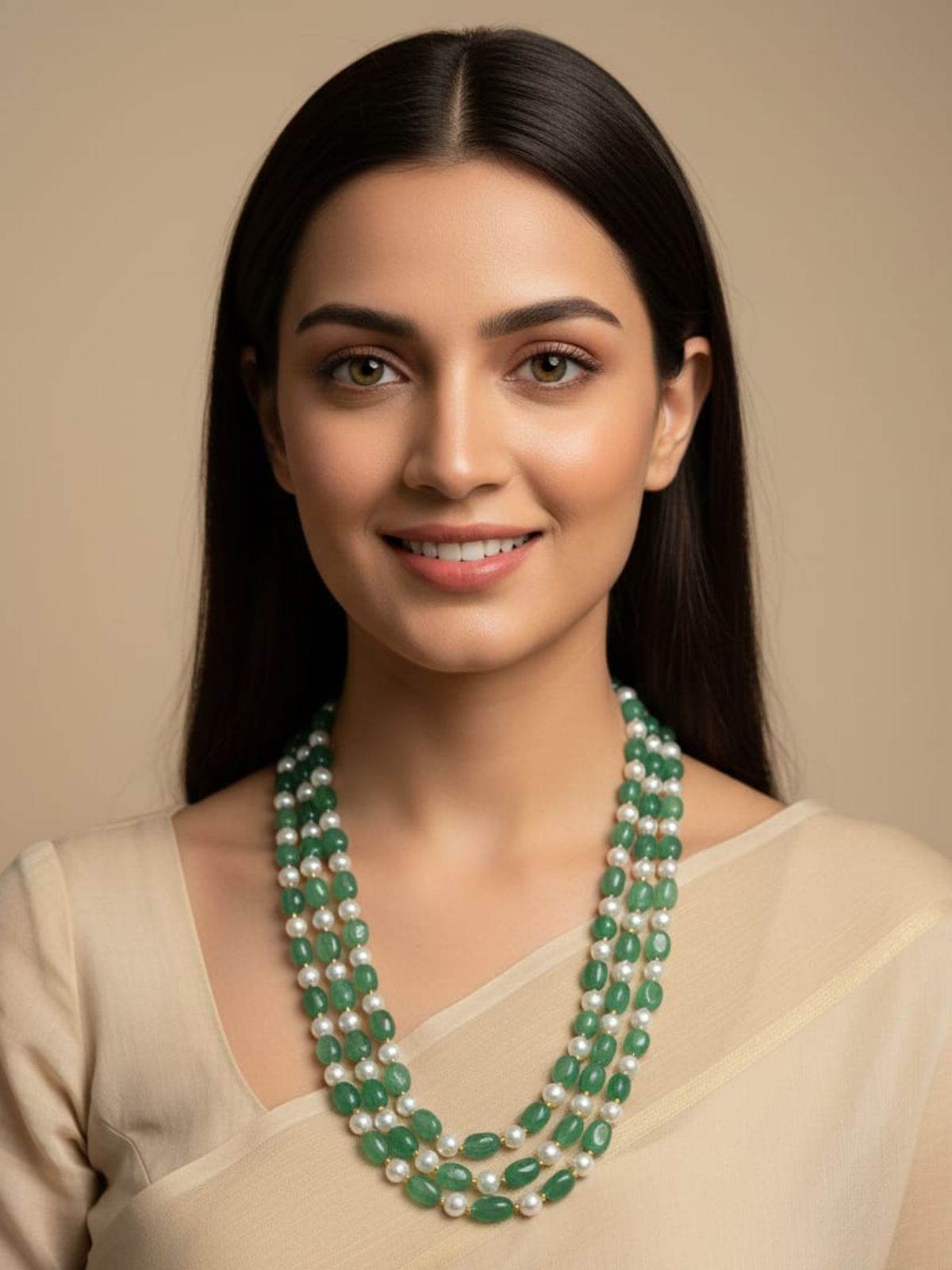 Elegant Three-Layered parrot Jade And Pearl Beaded Necklace – Handcrafted Gemstone Jewelry