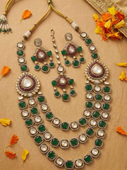 Luxury Victorian Finish Emerald Polki Layered Necklace Set With Tikka - Wedding Jewellery Set