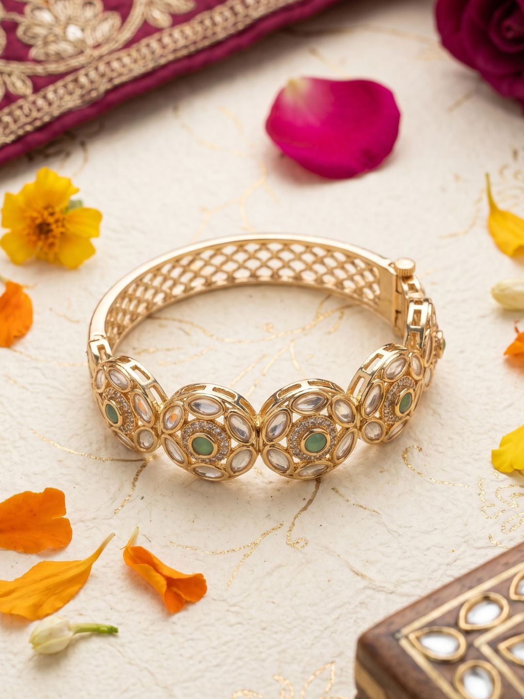 Elegant Next To Real Party & Wedding Wear Openable mint green Kundan Polki Bracelet For Women