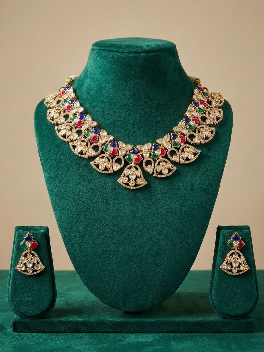 Designer Gold Plated Kundan Polki Necklace Set For Weddings - Bridal Necklace Set