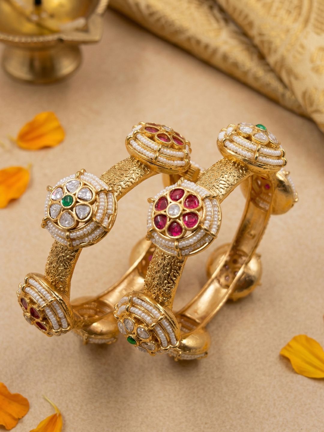 Traditional Gold Plated Kundan Kada Bangles For Women - Wedding & Party Wear