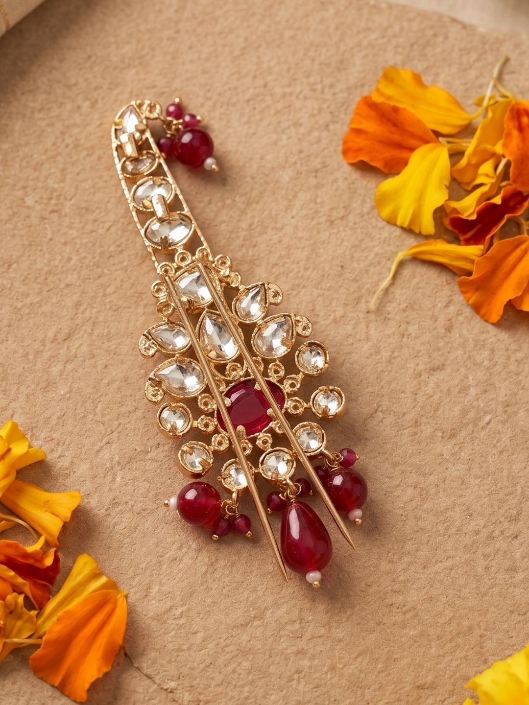 Gold Plated Floral Design Kundan Polki Safa Kalangi For Grooms | Turban Brooch for dulha 