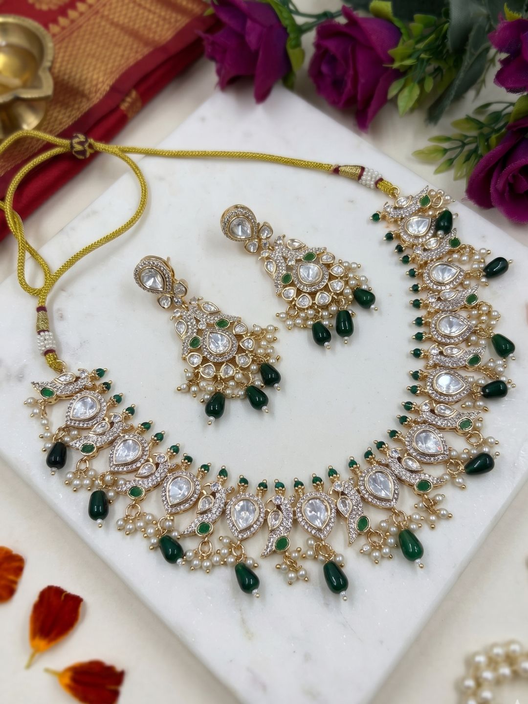 Designer Peacock Design Polki Necklace Set For Weddings And Parties