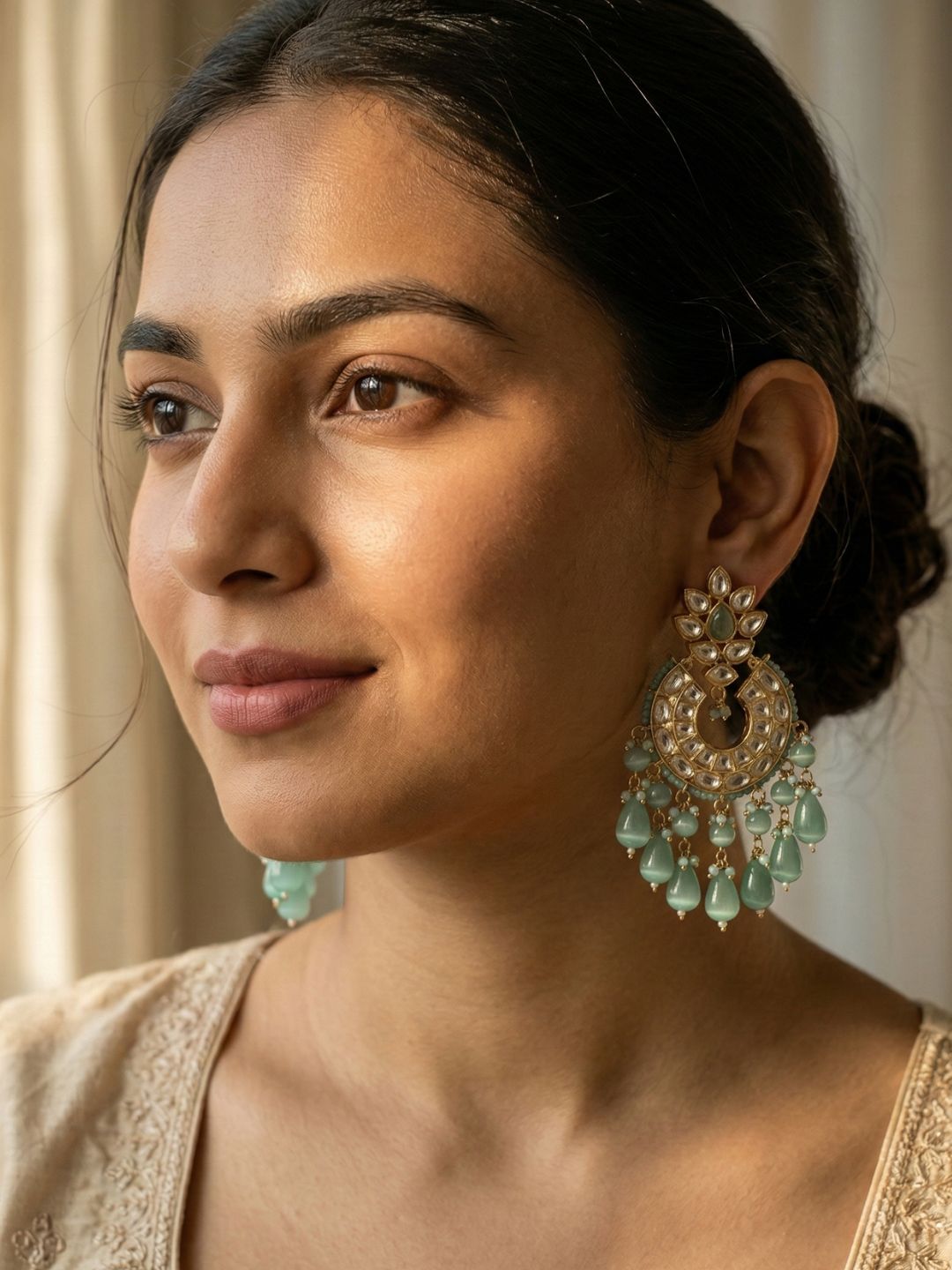Tarini Lightweight Polki Kundan mint green Chandbali Earrings For Women - Wedding And Festive Wear