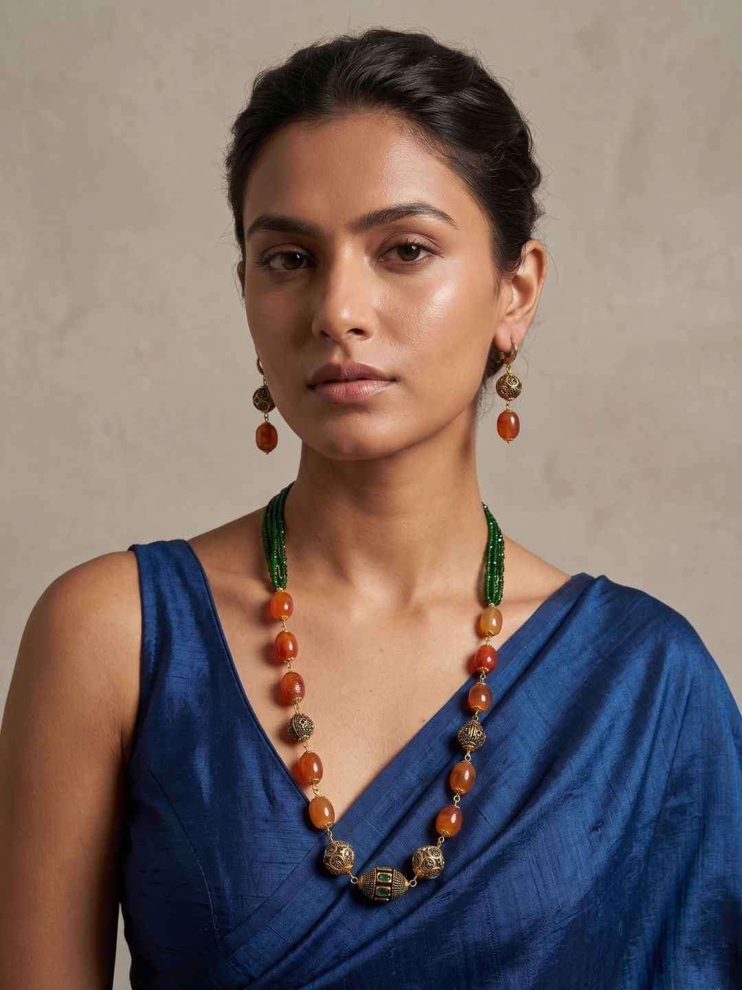 Semi Precious Handcrafted Chalcedony Orange Colour Beaded Necklace Set