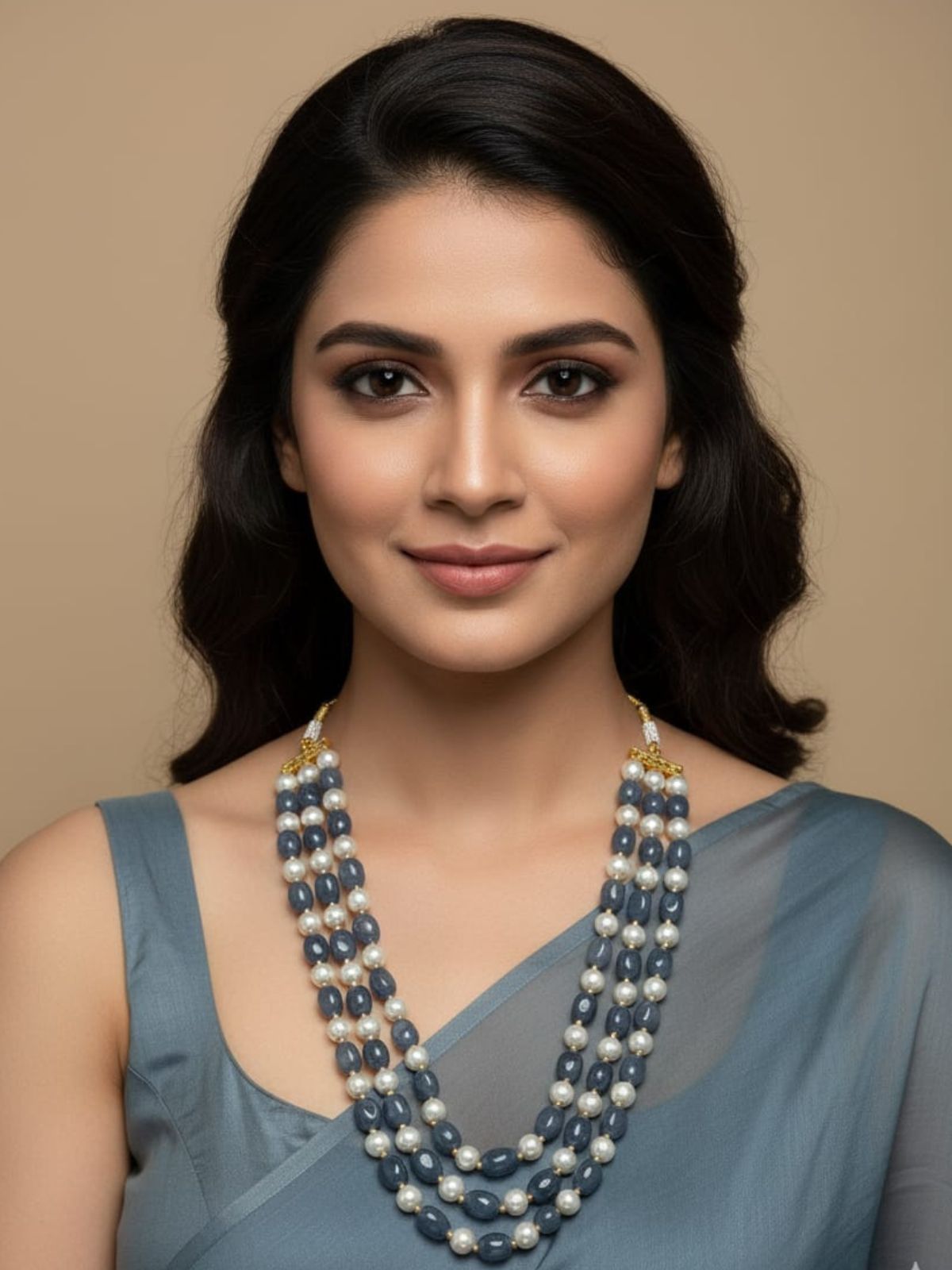 Elegant Three-Layered Grey Jade And Pearl Beaded Necklace – Handcrafted Gemstone Jewelry