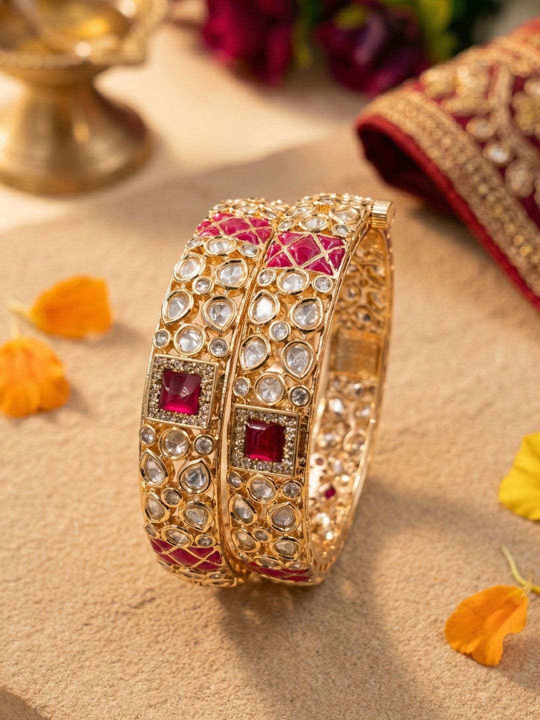 Gold Plated Ruby And Kundan Bangles For Women - Wedding And Party Wear Bangles