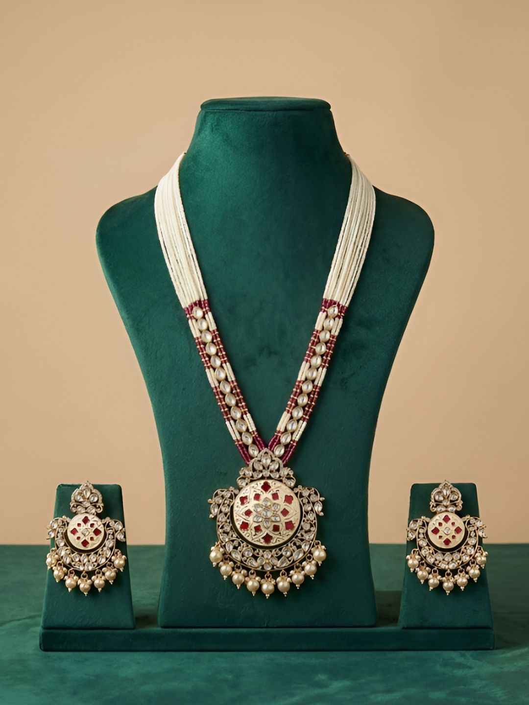 Traditional Long Beaded Kundan Pendant Necklace Set With Enamel | Wedding Jewellery Set
