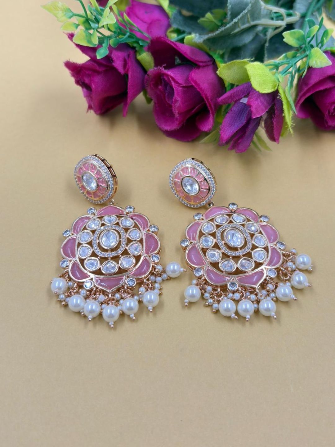 Traditional Pink Kundan Stone Earrings for Women | Statement Earrings For Ethnic & Festive Wear