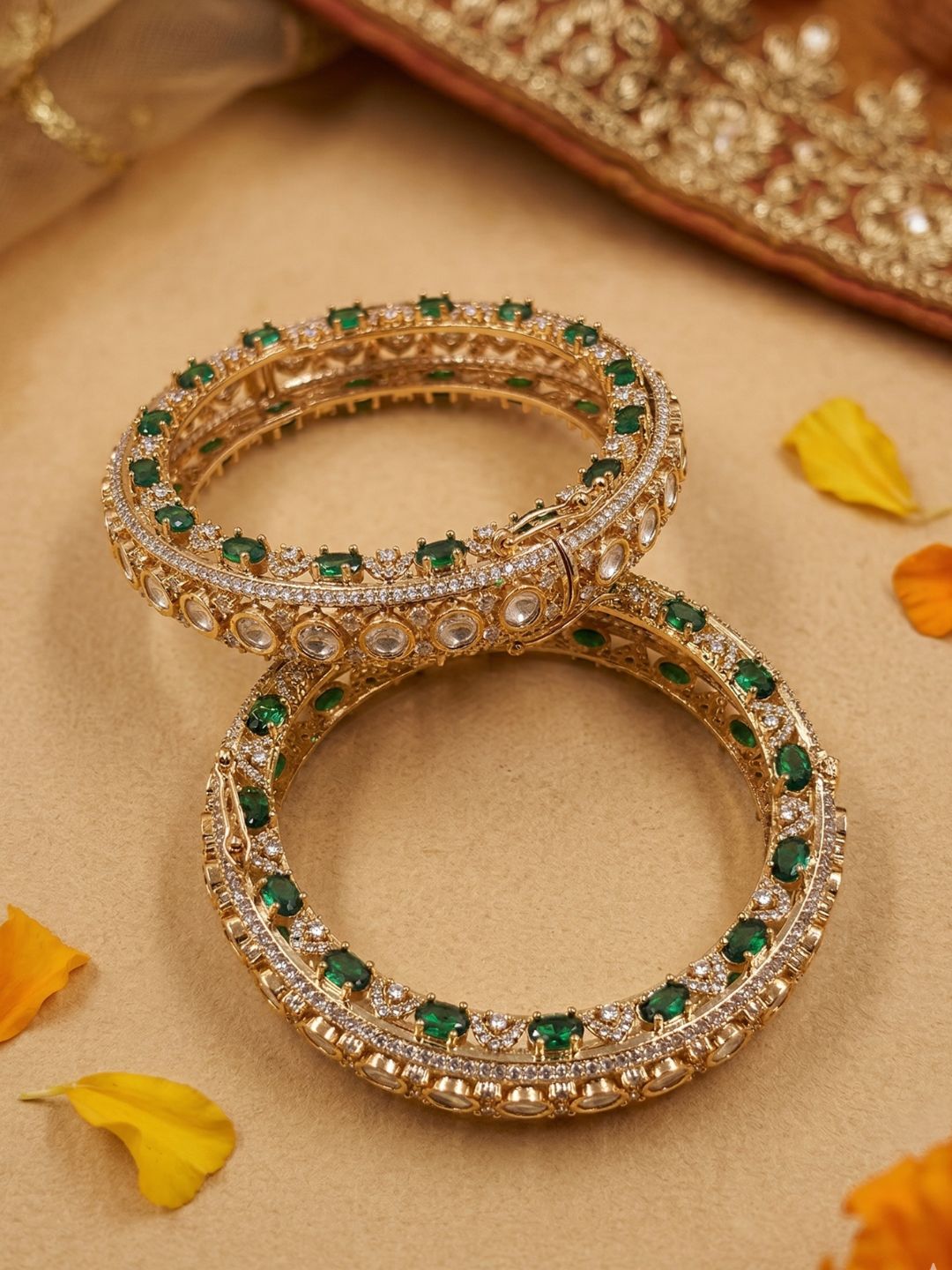 Gold Plated Luxury Polki Kundan Kada Bangles Set For Women | Wedding And Bridal green emerald kundan Bangles